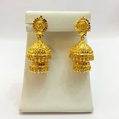 "Handmade Jhumka Earrings 22ct Micro Gold Plated Earrings Indian jewelry Pakistan Jewelry  Length:2.8\"Inches Approx  Traditional Indian Wedding Jewellery Slight Colour variations possible due to difference in screen and photograph  It is a perfect match with formal attire on special occasions or with casual wearing Care instructions Keep Jewellery away from direct heat, water, perfumes, deodorants and other strong chemicals as they may react with the metal or plating. The plating composition of Jewellery is as such that  perspiration (sweat) will not damage it. Wipe Jewellery gently with chamois cloth or leather swatch after every use. Wiping the jewellery with a soft cloth after removing the jewellery would add to its life. Avoid water  exposure for all jewelry  Thank You For Visiting" Pakistan Jewelry, Indian Wedding Jewellery, Jhumka Designs, Bridal Jewellery Design, Earrings Indian, Jhumki Earrings, 22 Carat Gold, Traditional Indian Wedding, Bridal Gold Jewellery Designs