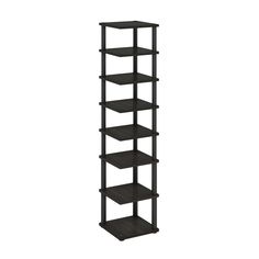 a black shelf with five shelves on each side