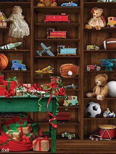 Vintage Toy Shop Photography Backdrop - Photography backdrop featuring a vintage toy shop with wooden shelves filled with classic toys and a table with wrapped gifts. Vintage Wooden Toys, Christmas Toy Factory, Christmas Toy Store, Christmas Cubicle, Blank Street, Cubicle Decorations, Christmas Cubicle Decorations, Christmas Toy Shop, Toy Workshop