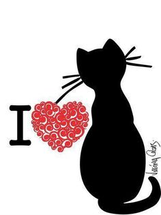 a black cat holding a red heart in it's paws with the words i love cats