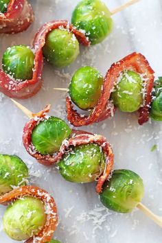 bacon and parmesan brussel sprouts on skewers are ready to be eaten