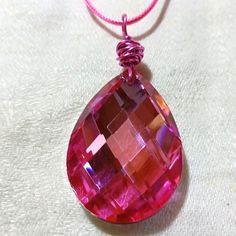 This Is A Super Beautiful And Sparkly, Pink Titanium Glass, Mirror Pendant. It Is So Flashy!!! I Hope You Can Tell How Gorgeous It Is From My Pictures. It Is Fabulous! Hand Wrapped With Pink Wire It Also Comes With A Matching Pretty Pink Corded Necklace With An Extension. The Pendant Measures 2 1/2"X 1 1/4". There Is One Tiny Little Chip On The Back, But It Does Not Show In The Front As You Can Tell From My Pictures. I Only Mention It Because I Wouldn't Want Someone To Not Know. My Last Photo Sh Teardrop Pendant Rhinestone Jewelry Gift, Gift Rhinestone Teardrop Pendant Jewelry, Gift Teardrop Pendant With Rhinestones, Silver Bling Crystal Necklaces As Gift, Silver Crystal Necklaces With Rhinestones For Gift, Silver Crystal Necklace With Rhinestones For Gift, Silver Teardrop Pendant Crystal Necklace For Party, Teardrop Rhinestone Necklace As Gift, Corded Necklace