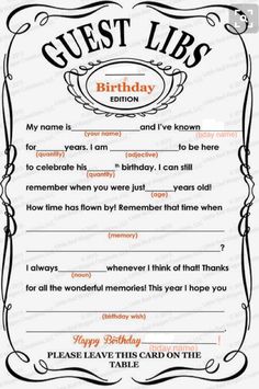 a printable birthday card with the words guest lips written in black and orange on it