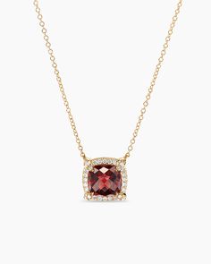 Petite Chatelaine® Pavé Bezel Pendant Necklace in 18K Yellow Gold with Garnet and Diamonds, 7mm | David Yurman Formal Cushion Cut Gemstone Necklace, Luxury Cushion Cut Gemstone Necklace, Luxury Birthstone Necklace For Formal Occasions, Elegant Square Pendant Jewelry With Bezel Setting, Yellow Gold Cushion Cut Necklace As A Gift, Cushion Cut Yellow Gold Necklace Gift, Yellow Gold Cushion Cut Necklace For Anniversary, Yellow Gold Necklace For Anniversary, Luxury Cushion Cut Necklaces For Gifts