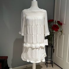 Gorgeous Ruffle And Lace Open Knit Mixed Media Boho Dress By Whowhatwear Has 3/4 Sleeves And Alternating Panels Of Open Knit Lace, Gauzy Poly And Ruffles. The Perfect Summer Dress! Size S. White. New With Tags Nwt Body 100% Poly Lace: 100% Cotton Approximate Measurements: 17” P2p 34” Length If You Like: Romantic Streetwear Moto Biker Motorcycle Edgy Goth Gothic Boho Bohemian Punk Anime Rock Rocker Chic Cool Spikes Rivets Studs Skulls Crystals Prairie Sherpa Preppy Sporty Alternative Athletic Mod 3/4 Sleeve Dresses With Ruffle Hem For Brunch, 3/4 Sleeve Ruffled Dress For Day Out, 3/4 Sleeve Dresses With Ruffles For Day Out, Ruffled Dresses With 3/4 Sleeves For Day Out, Day Out Dresses With Ruffles And 3/4 Sleeve, Casual White Mini Dress With 3/4 Sleeves, Boho Dress White, Vintage Victorian Wedding, Punk Anime