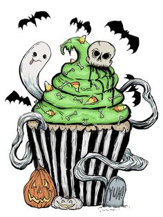 a cupcake with green frosting and spooky decorations on it, surrounded by bats