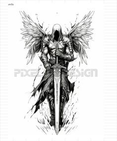 Spartan Angel Tattoo, Hooded Angel Tattoo, Angel Swordsman Tattoo, Warrior Angel Tattoo Men, Security Tattoo, Hooded Angel, Concept Tattoo Design, Dark Angel Tattoo, Angel Warrior Tattoo