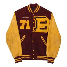 a maroon and yellow varsity jacket with the number seventy on it's chest, in front of a white background