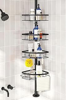 a bathroom shower caddy with various items on it