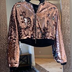 Brand New Never Worn Rose Gold Cropped Jacket Super Flattering Tag Still Attached Thick Sequins That Do Not Shed Like Some Sequin Items. Gold Sequin Jacket Outfit, Glitter Jackets For Women, Pink Long Sleeve Outerwear For Party, Glamorous Pink Outerwear For Night Out, Pink Sequined Outerwear For Spring, Pink Long Sleeve Outerwear For Party Season, Trendy Cropped Winter Jacket For Party, Trendy Cropped Jacket For Spring Party, Trendy Cropped Jacket For Party