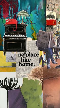 a collage of images with words and pictures on them, including an old piano