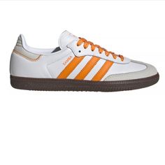 Design: Low-Profile Silhoutte Stays True The Legacy Of The Samba Icon Full Grain Leather Upper With Gritty Suede And Gold Foil Details Lace Closure Adidas Samba Orange, Orange Samba, Adidas Nizza Platform, Samba Og Shoes, Adidas Tubular Shadow, Adidas Cloudfoam, Wrestling Shoes, Adidas Sneakers Women, Adidas Shoes Women