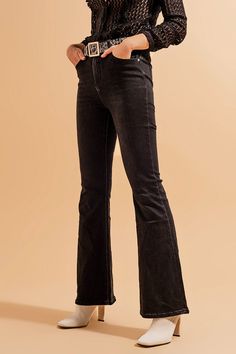 Maxi length. Jeans. Plain design. A-line cut. Flare. Daily. Basic. Trendy Flared Hem Jeans For Fall, Fall Flare Jeans With Five Pockets, Trendy Fall Flare Jeans With Flared Hem, Chic Black Mid-rise Flares, Chic High Rise Black Flares, Chic Mid-rise Black Flares, Chic Dark Wash Stretch Flares, Black Stretch Flare Jeans, Dark Wash Flared Hem Flares For Fall