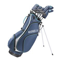 a blue and white golf bag with the name magnalia on it