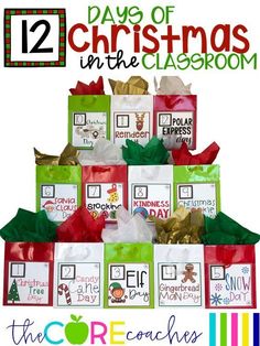 the twelve days of christmas in the classroom is shown with presents stacked on top of each other