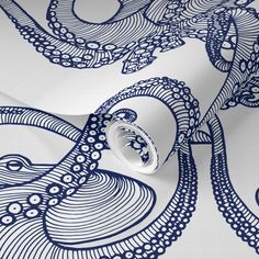 blue and white wallpaper with an octopus design on the bottom half of it's face