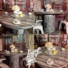 an image of a table and chairs with flowers on them in a room full of old furniture