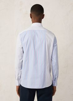 - Shirt in 100% cotton poplin. - Regular fit. - Long sleeves. - Button-down collar. - Regimental stripe pattern in various shades. - Chest patch pocket. - Façonnable logo label on front pocket. - Rounded two-button cuffs. - Bengal stripes detail inside the collar, placket, and cuffs. Blue Cotton Shirt With Signature Stripes, Blue Cotton Shirt With Contrast Stripes, Collared Cotton Shirt With Signature Stripes, White Signature Stripes Shirt For Work, Cotton Button-up Shirt With Signature Stripes, Pinstripe Cotton Shirt With Button Closure, White Cotton Dress Shirt With Striped Collar, Pinstripe Cotton Shirt For Work, White Button-up Shirt With Contrast Stripes