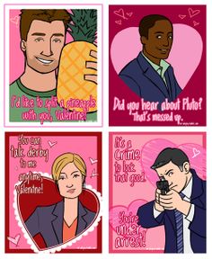 four different valentine's day cards with the same person holding a cell phone in front of them