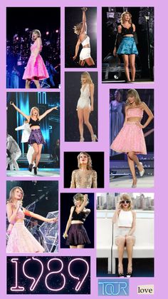 several pictures of women in short dresses on stage with the words 1989 written below them