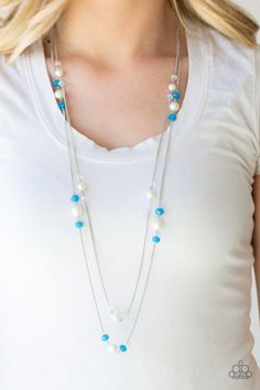 Bubbly white pearls, glittery crystal-like beads, and opaque blue beads are sprinkled along two shimmery silver chains for a refined look. Features an adjustable clasp closure. Sold as one individual necklace. Includes one pair of matching earrings. P2RE-BLXX-172XX Silver Pearl Necklace, White Pearl Necklace, Girly Accessories, Silver Chains, Costume Jewelry Necklaces, Paparazzi Accessories, Affordable Jewelry, Blue Necklace, Fashion Jewelry Necklaces