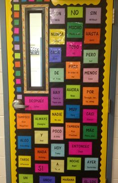 a door decorated with many different colors and words