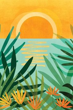 the sun is setting over the ocean with tropical plants