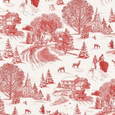 a red and white christmas wallpaper with deer, trees, houses, and sleighs