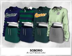 several different colored sweatshirts and skirts with the same name on them, all in various colors