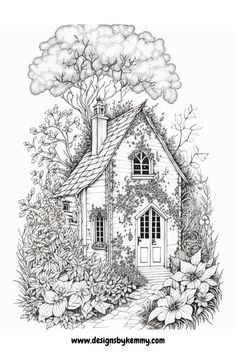 Magical House Coloring Page | Free Coloring Pages | Designs By Kemmy Garden Drawing Simple, House Coloring Pages For Adults, Fairy Garden Drawing, Adult Colouring Printables, Peacock Wall Art, House Colouring Pages, Coloring Pages Inspirational