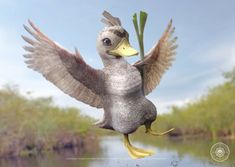 a bird with wings outstretched holding a plant in it's beak