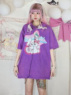 This price is for a T-shirt only, others are not included. Material:Cotton / PolyesterNeckline:Round Neck  	 		 			Size 			Free Size 		 		 			Bust 			60 		 		 			Shoulders 			56 		 		 			Sleeve Length 			25 Spring Purple T-shirt With Graphic Print, Purple Cotton Y2k T-shirt, Casual Purple T-shirt With Cartoon Print, Purple Y2k Crew Neck Top, Harajuku Style Graphic Print T-shirt For Spring, Purple Harajuku Crew Neck Top, Purple Cartoon Print Tops For Spring, Harajuku Style Screen Print Tops For Spring, Harajuku Style Short Sleeve Purple Tops