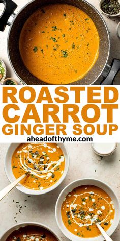 roasted carrot ginger soup in two white bowls with spoons on the side and title