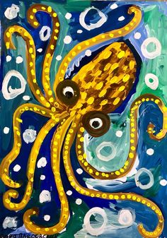 an octopus painting with yellow and blue colors