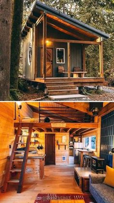 small cabin in the woods with stairs leading up to it's loft and living area