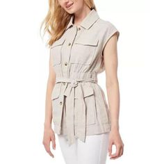 Nwt Size Xl Jones New York Women's Belted Safari Beige Linen Fabrication Vest Jones New York Womens Belted Safari Vest Beigestone Xl Elevate Your Casual-Chic Ensemble With The Belted Safari Vest From Jones Ny. Crafted From A Washed Linen Blend Fabrication, This Vest Exudes Relaxed Sophistication. The Self-Tied Belt Cinches At The Waist For A Flattering Silhouette, While The Front Patch Pockets Add Functional Flair. With A Point Collar And Button-Front Closures, It Offers Versatile Styling Options. Pair It With Your Favorite Jeans Or Layer It Over A Dress For Effortless Style. Machine Washable For Easy Care, This Imported Vest Is A Must-Have Addition To Your Wardro Safari Vest, Red Puffer Vest, Effortlessly Chic Outfits, Casual Vest, Leopard Print Blouse, 50 Fashion, Linen Women, Jones New York, Crop Jacket