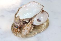 an oyster shell on a gold platter