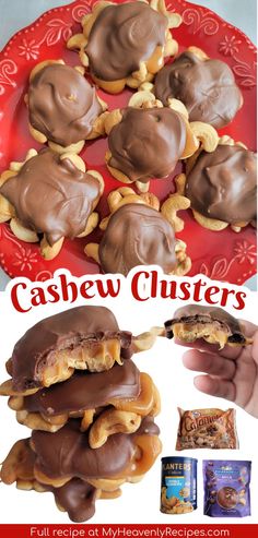 chocolate covered cookies are stacked on top of each other with the words, cashew clusters