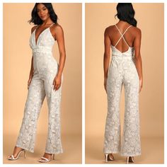 Lulus Always Love You Lace Jumpsuit Extra Small New With Tags, No Flaws. Description: Lulus Exclusive! When We Say "Forever," We Really Mean It! The Lulus Always Love You Beige And White Lace Wide-Leg Jumpsuit Is A Perfect Piece For Your Big Day With Its Beige Stretch Knit Lining And White Lace Overlay That Form A Sexy Wide-Leg Jumpsuit With Ruffles At The Waist. An Additional Tulle Layer At The Triangle Bodice Lends Some Extra Texture And Glamour. Adjustable Spaghetti Straps Crisscross At The L White Backless Jumpsuits And Rompers For Date Night, Black Backless Jumpsuits, Black Halter Jumpsuit, Jumpsuit Wide Leg, Lulu Pants, Chiffon Jumpsuit, Floral Lace Shorts, Velvet Romper, Floral Print Rompers