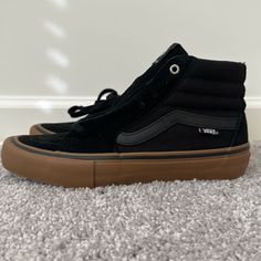 Vans Sk8-Hi Pro Black/Gum. Us Men’s 7.0. Great Condition. Never Worn. Canvas And Suede Material. Duracup Sole For Durability And Well Cushion As It Is Normally Worn For Skateboarding. Can Be Unisex. Originally Purchased Off The Vans Website. Vans Black Sneakers With Gum Sole, Black Vans Sneakers With Gum Sole, Black Sneakers With Gum Sole For Outdoor, Black Mid-top Skate Shoes With Rubber Toe Cap, Black High-top Skate Shoes With Padded Tongue, Vans Sk8 Hi Black, Vans Sk8 Hi Pro, Vans Sk8 Hi, Vans Black