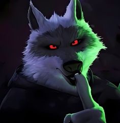 an evil wolf with glowing red eyes in the dark