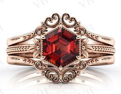 Garnet Engagement Ring, I Am Lucky, Garnet Ring, Wedding Ring Set, Bridal Ring Set, Engagement Ring Set, Garnet Rings, Hexagon Shape, Red Garnet