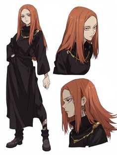 an anime character with long red hair wearing black clothes and gold chain around his neck