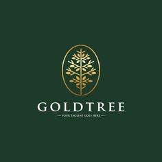 the gold tree logo is shown on a dark green background