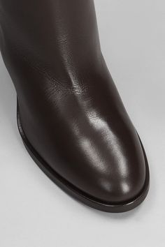 High heels boots in dark brown leather, almond toe, straight leg, heel 75mm, leather sole, 100% leather, Made in Italy