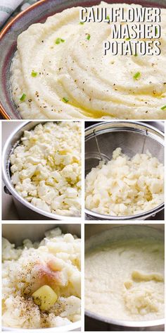 mashed potatoes and cauliflower are being cooked in pans