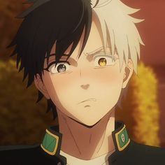 an anime character with black hair and yellow eyes looking at something in front of him