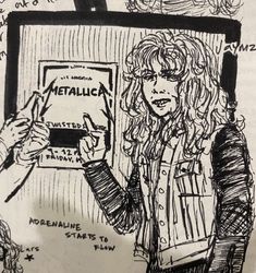 a drawing of two people standing in front of a metalica sign with the word metallicica written on it