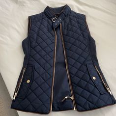 Zip Up Navy Blue Vest With Brown Trim Navy Zara Outerwear With Pockets, Zara Navy Outerwear With Pockets, Navy Blue Vest, Puff Vest, Blue Vest, Brown Trim, Zara Jackets, Blue Brown, Zip Ups