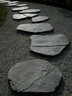 several stepping stones are lined up on the gravel